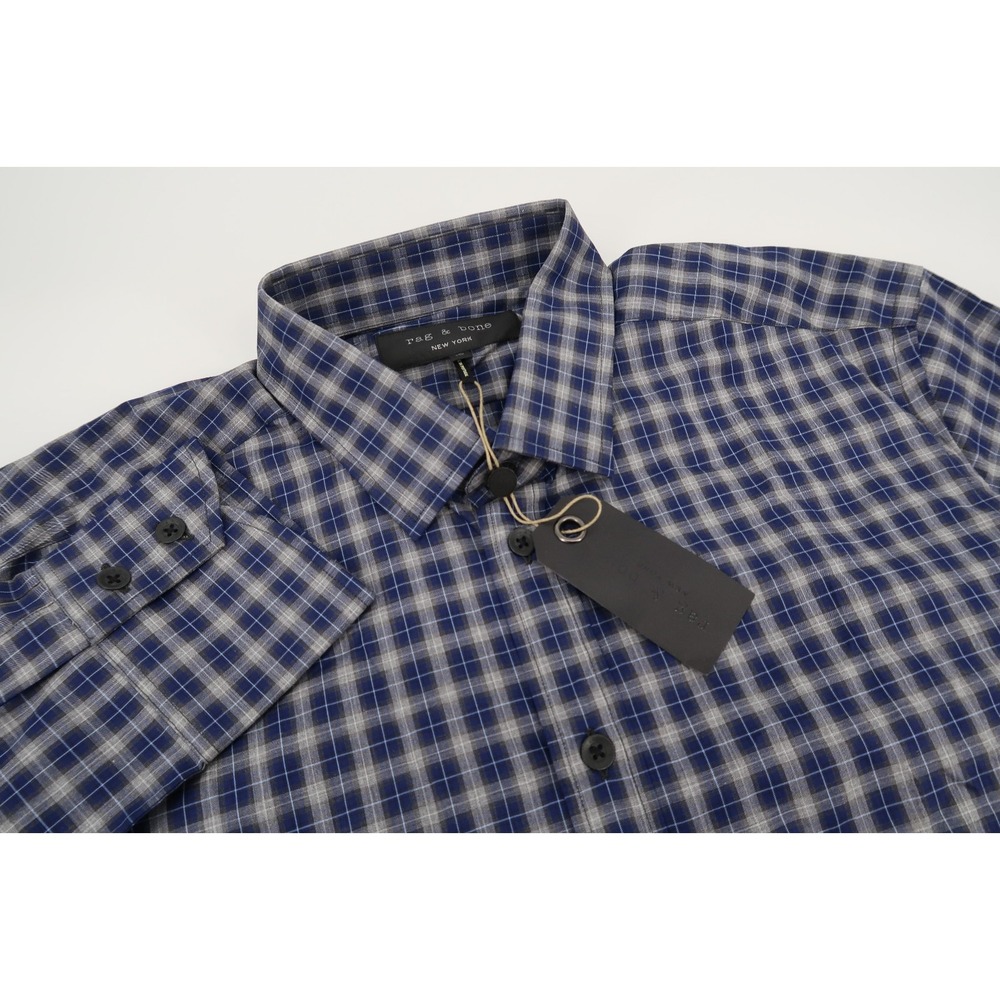 Rag & Bone Charles Men's 16‎ Navy Gray Plaid Cotton Dress Shirt New